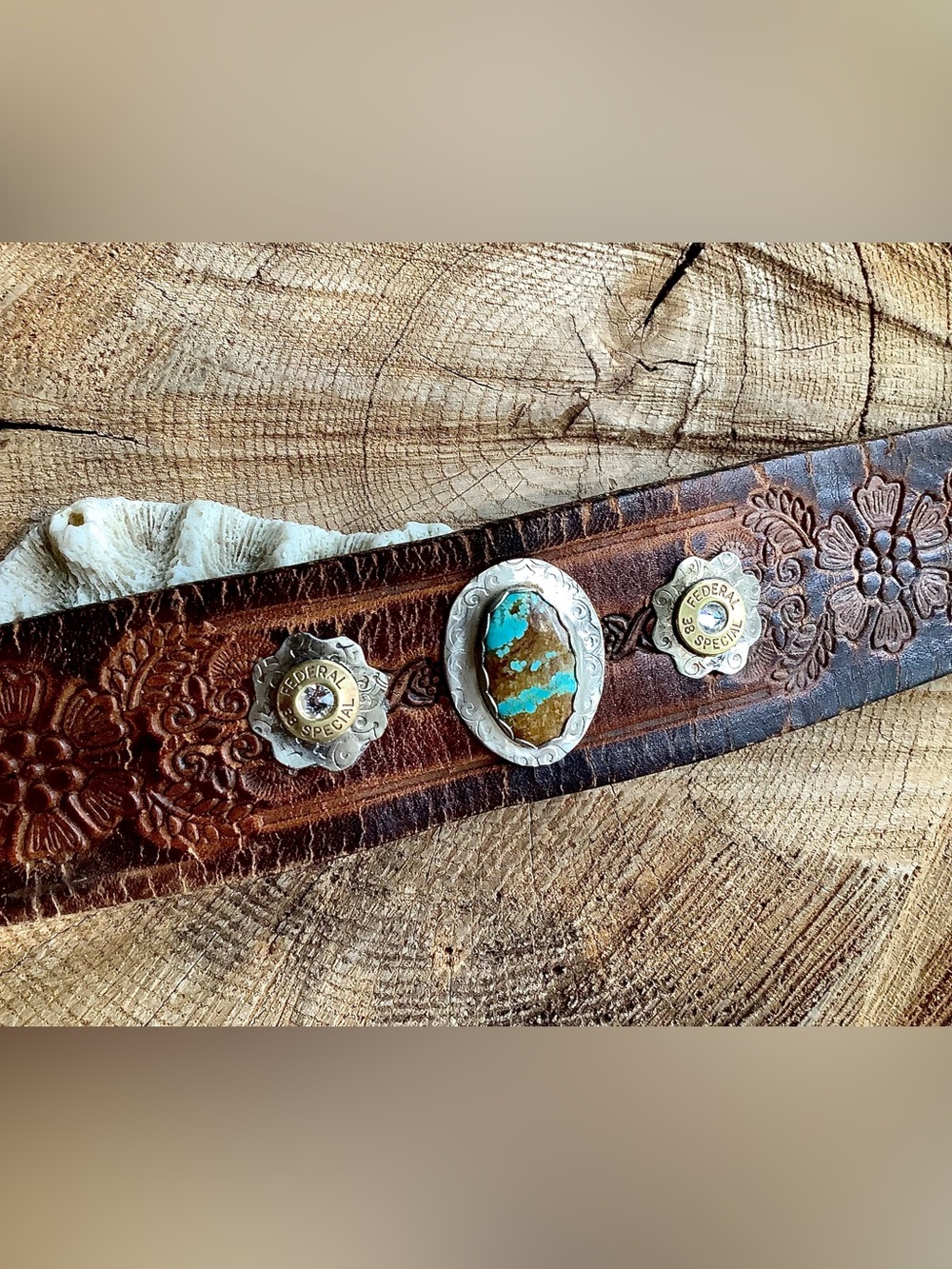 Leather cuff with turquoise, up to 6 1/2” wrist